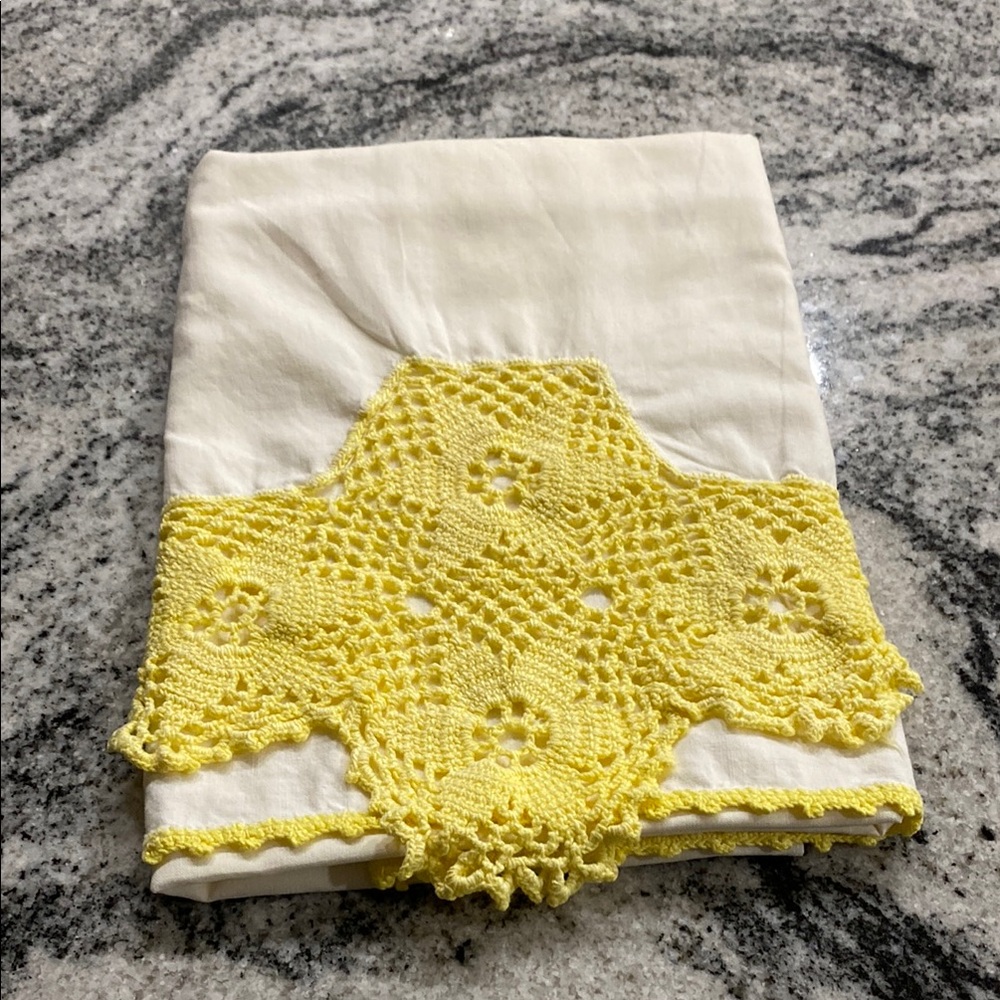 Vintage Pillowcase With Hand Crocheted Yellow Trim!